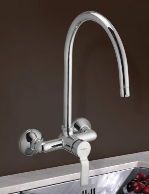 Single Lever Sink Mixer with Extra Long Swivel Spout (Wall Mounted Model) with Connecting Legs & Wall Flanges